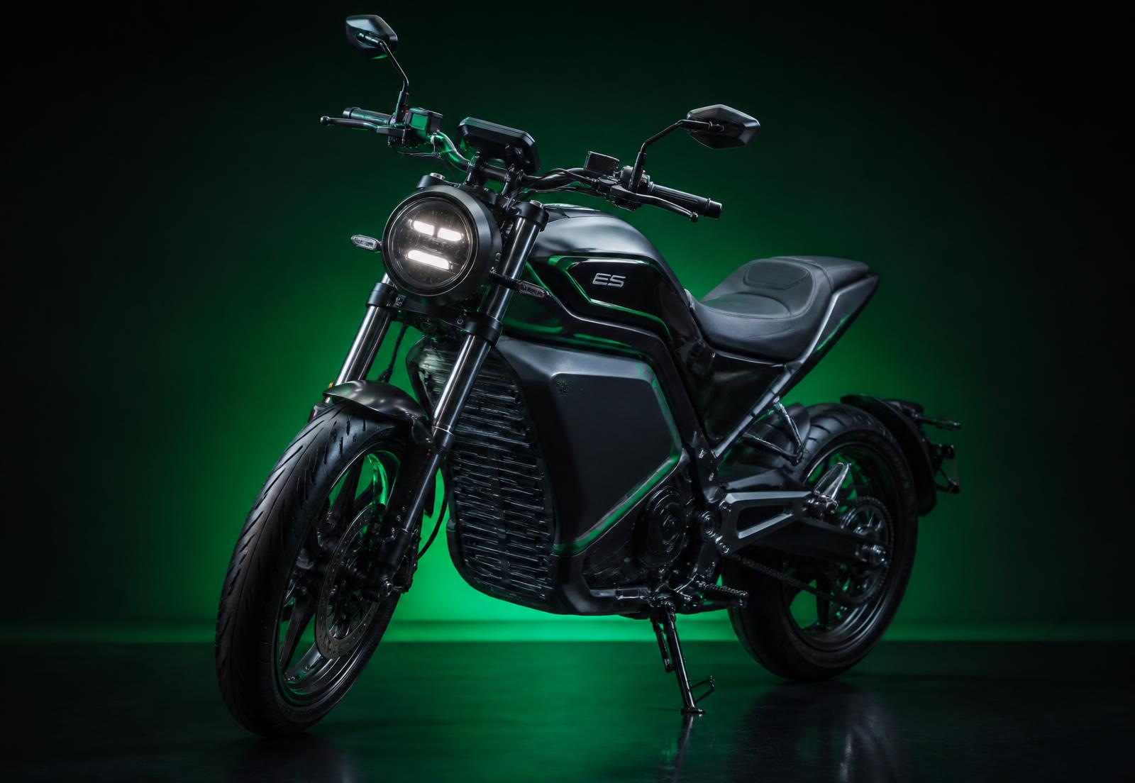 Denco Volt X1 electric motorbike in a studio with emerald lighting